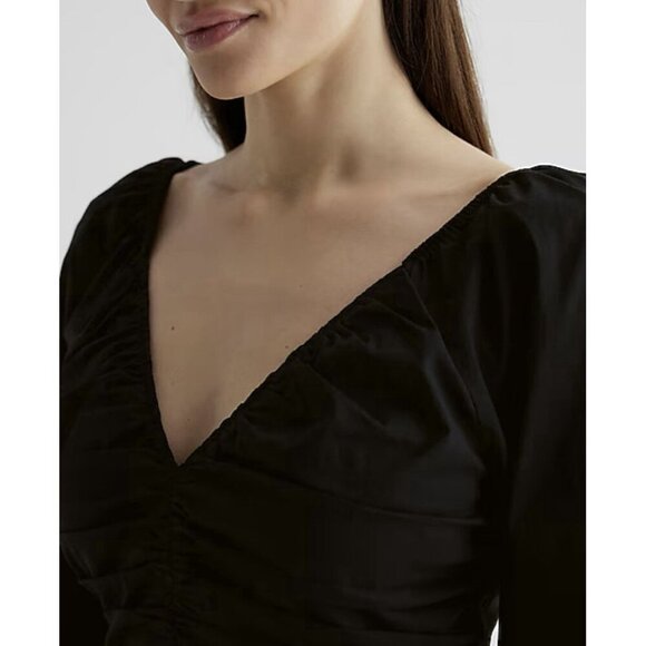 Express Women's V-Neck Pleated Peplum Top Size XS Black 3/4 Puff Sleeves NWT $74 - Picture 3 of 16